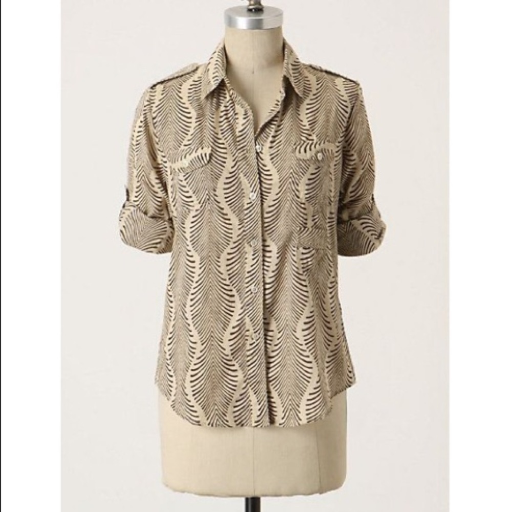 Anthropologie Fei Printed Cotton Shine Through Button-Up Convertible Sleeve Top
